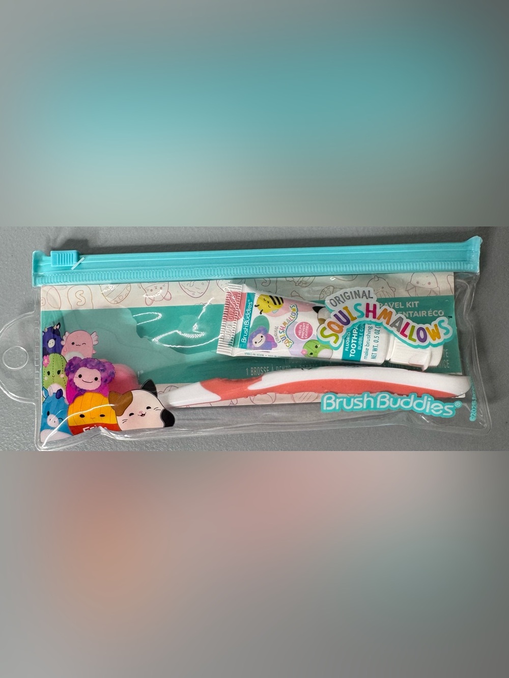 Brush Buddies squishmallows Kids Toothbrush & Toothpaste Travel Kit Teal Accent